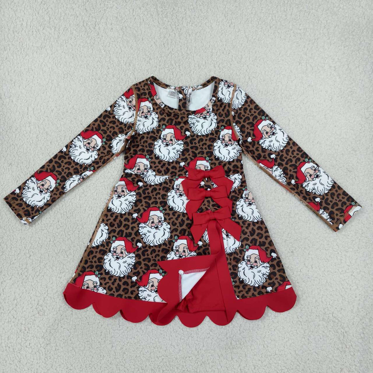 GLD1679 Santa Leopard Print Girls Christmas Long Sleeve Bows Active Dress