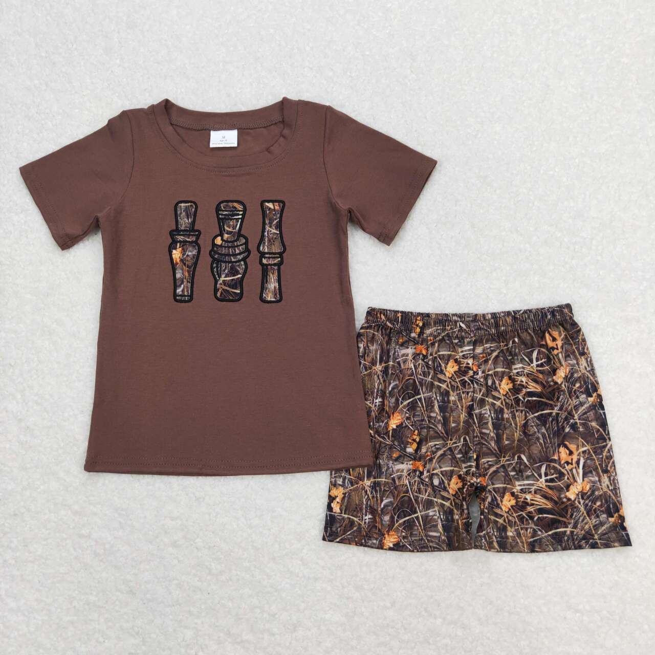 BSSO0780 Duck Call Embroidery Brown Top Camo Shorts Boys Summer Clothes Set