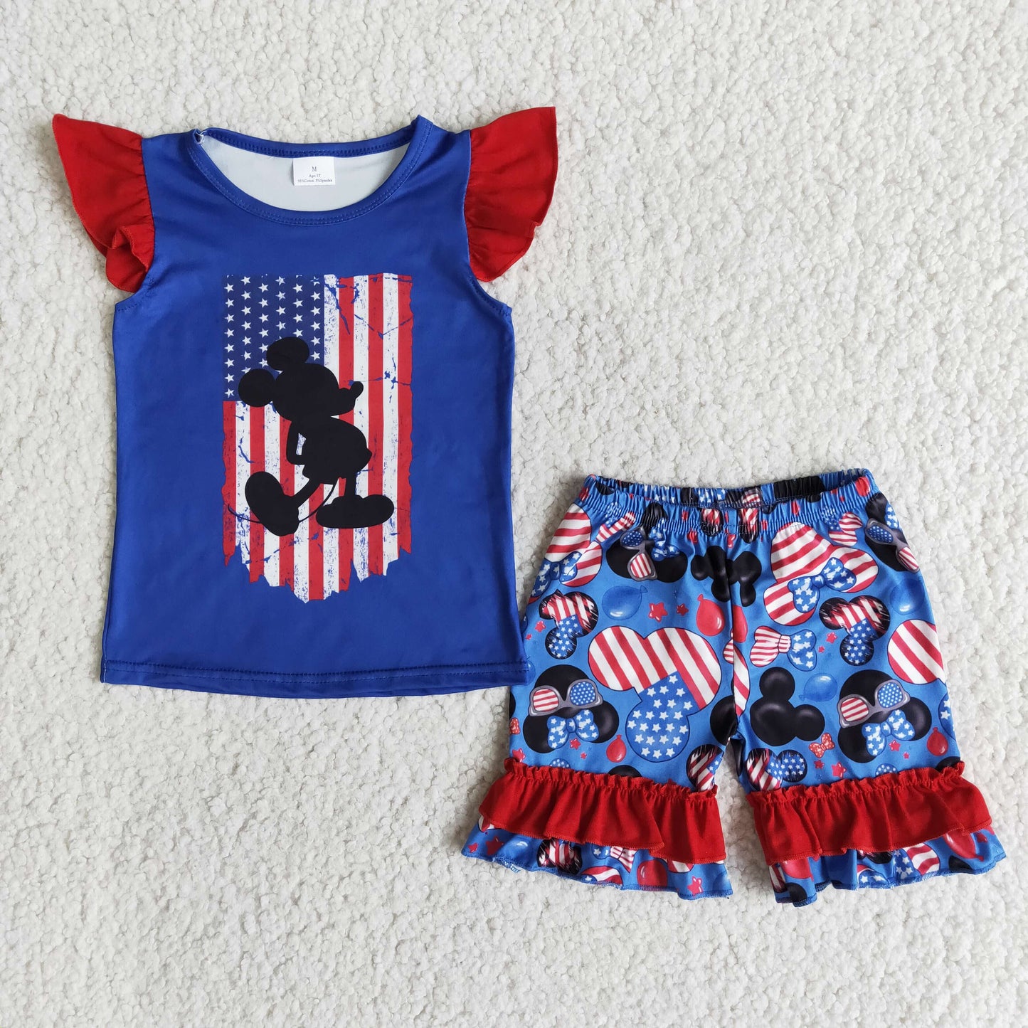 (Promotion)E12-1 Cartoon Mouse Blue Top Stars Shorts Girls 4th of July Clothes Set