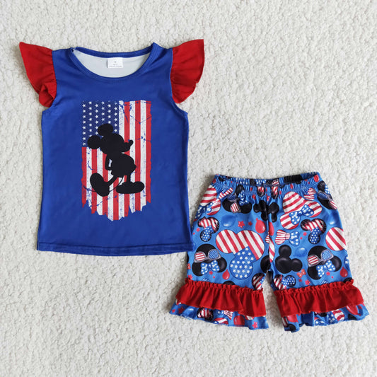 (Promotion)E12-1 Cartoon Mouse Blue Top Stars Shorts Girls 4th of July Clothes Set
