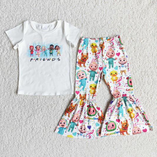 (Promotion)E13-4 Cartoon Watermelon FRIENDS Top Bell Pants Girls Clothes Set