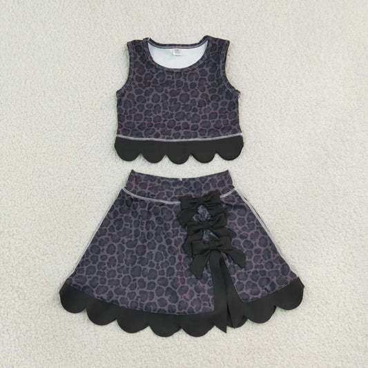 GSD4268  Black Leopard Bows Girls Summer Scallop Yoga Clothes Set