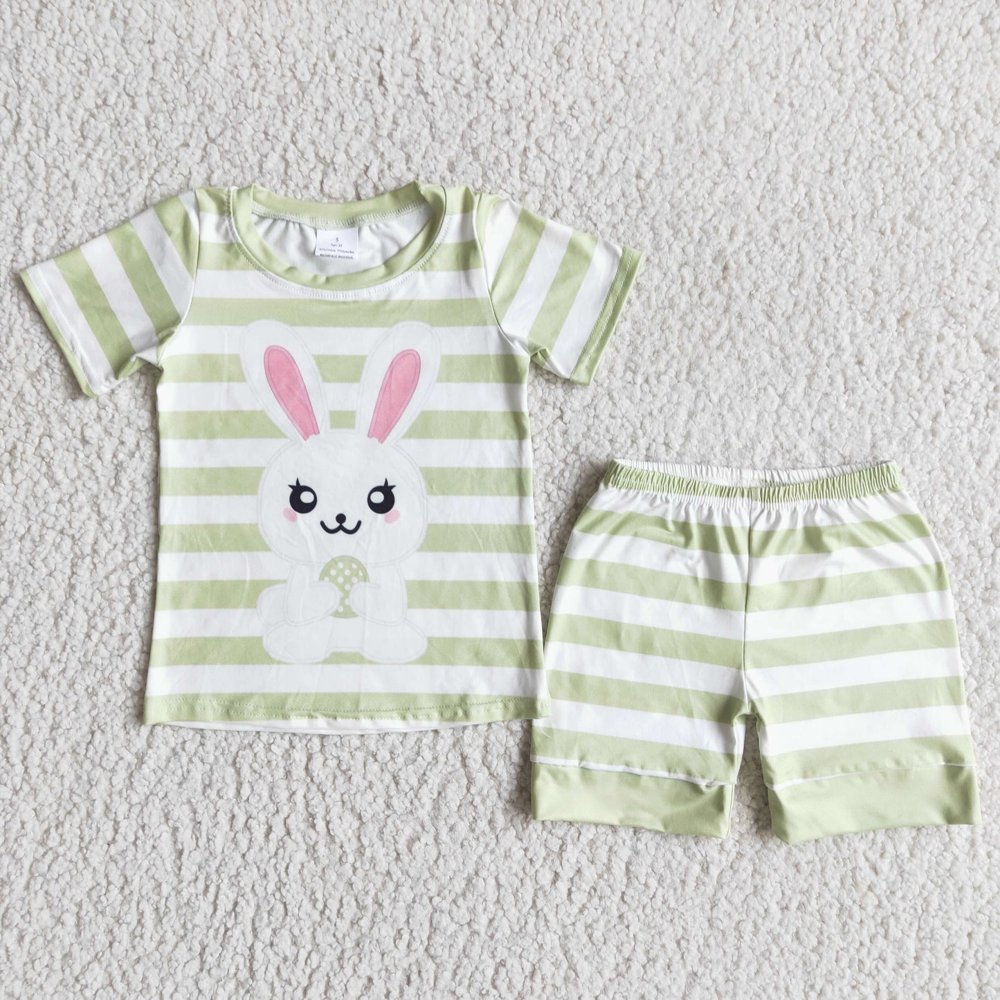 (Promotion)E5-12 Bunny Green Stripes Print Shorts Boys Easter Pajamas Clothes Set