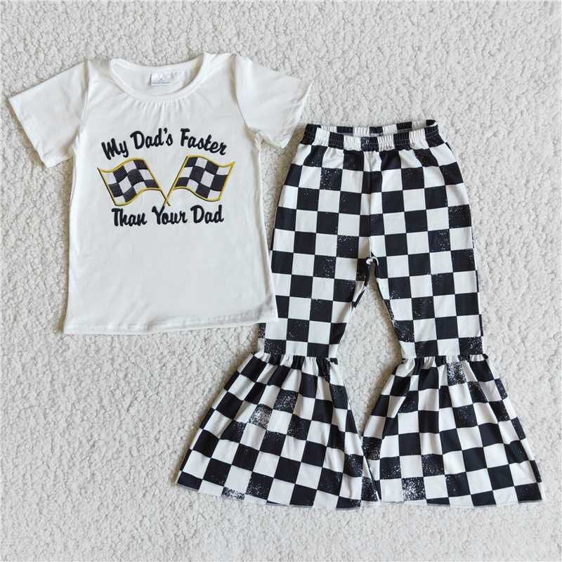 (Promotion)E8-29 My Dad's Faster Top Plaid Bell Pants Girls Clothes Set