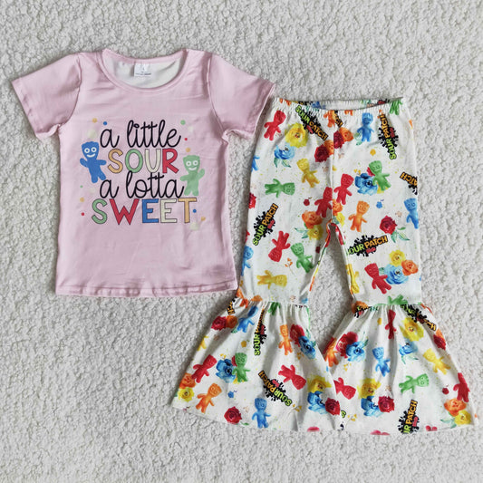 (Promotion)E9-11 a little SOUR a lotta SWEET Pink Top Bell Pants Girls Clothes Set