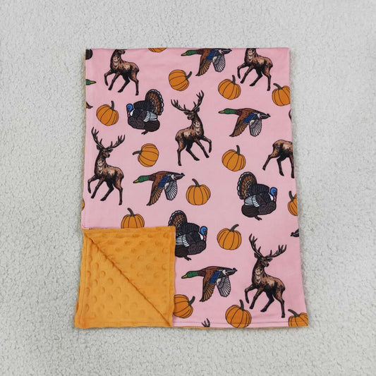 BL0293 Animals Pumpkin Pink Print Baby Girls Fall Blanket