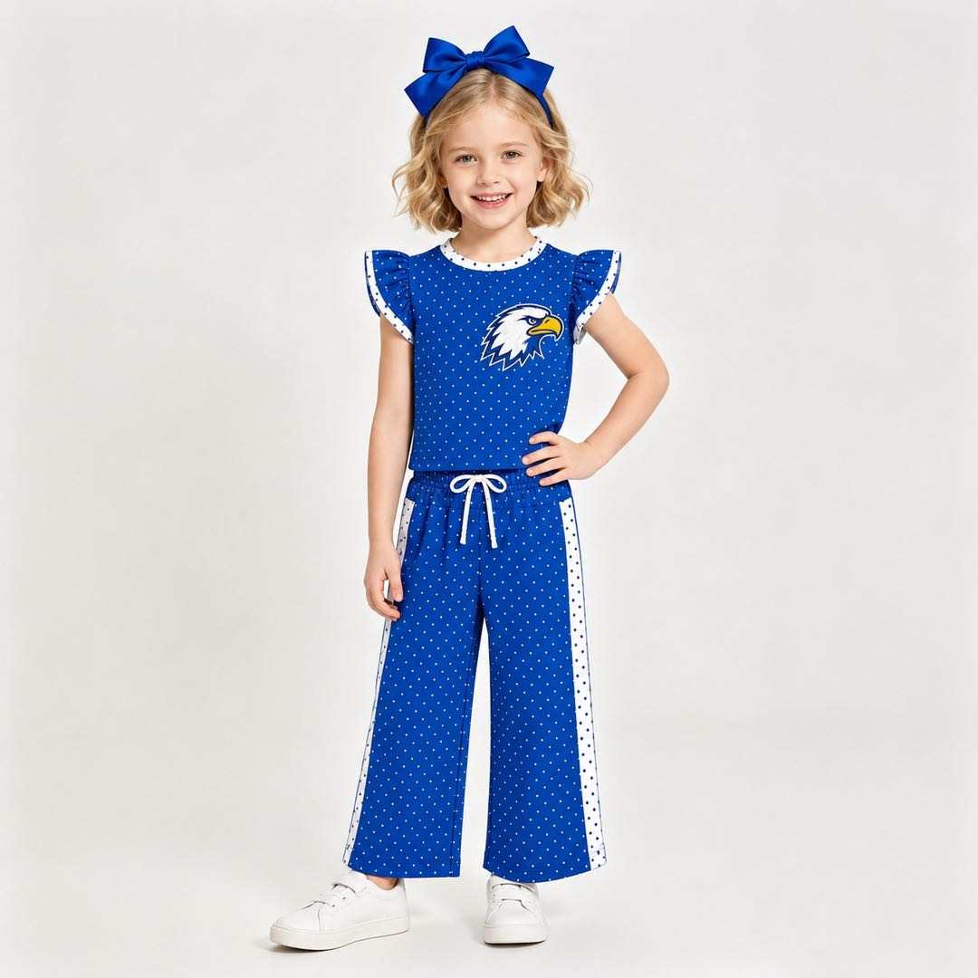 (Custom Design Preorder MOQ 5) Teams Eagles Blue Top Dots Straight Pants Girls Clothes Set