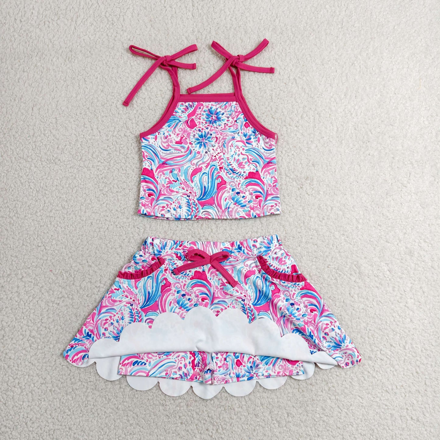 GSD3728 Hot Pink Seaweed Strap Tank Top Pockets Scallop Skort Girls Summer Yoga Clothes Set