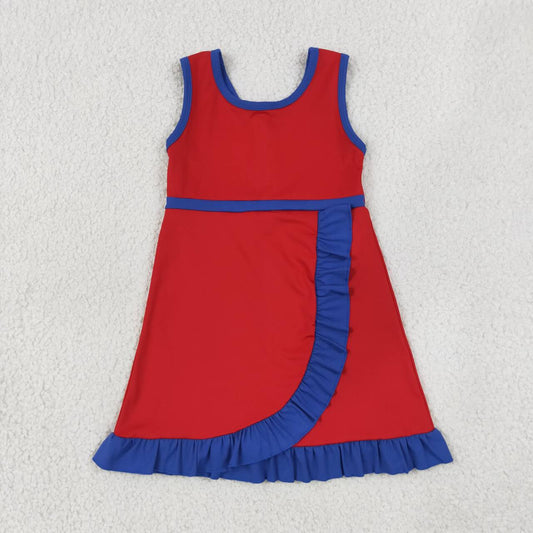 GSD4132 Red & Navy Girls Sleeveless Ruffle Zipper Yoga Dress
