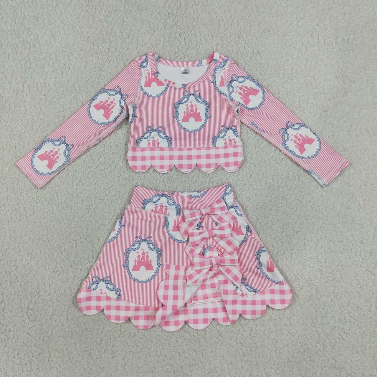 Castle Bows Long Sleeve Top Skirts Girls Scallop Yoga Clothes Set