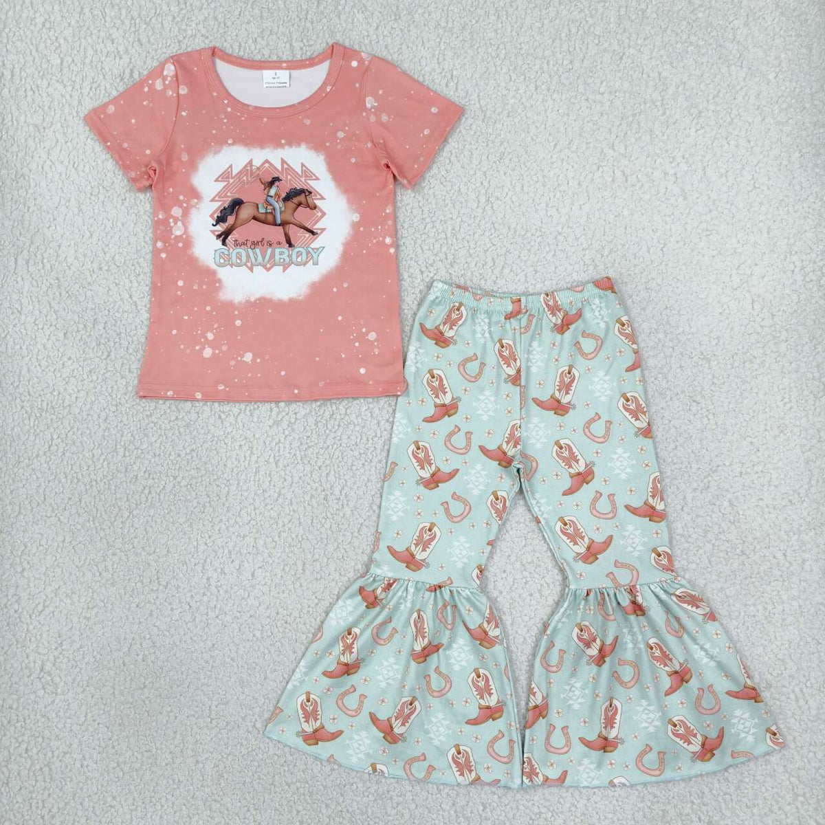 GSPO1571 Kids Girls Bowboy Print Short Sleeve Top Bell Bottom Pants Outfit