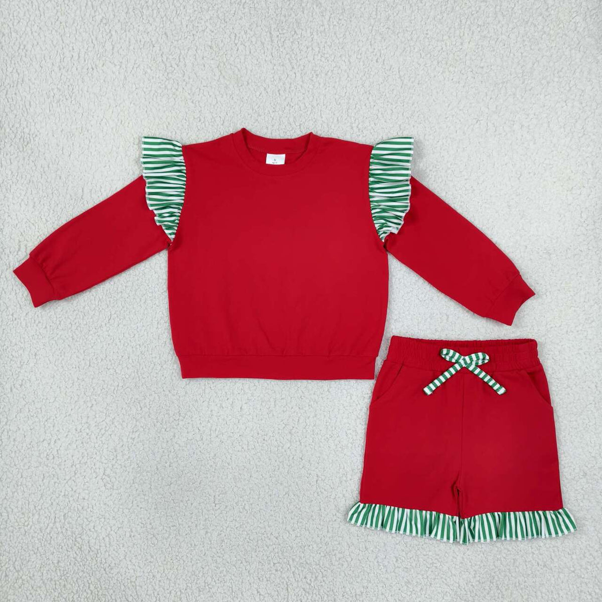 GLS0217 Girls Green Flutter Sleeve Top with Ruffle Shorts Red Christmas Outfit