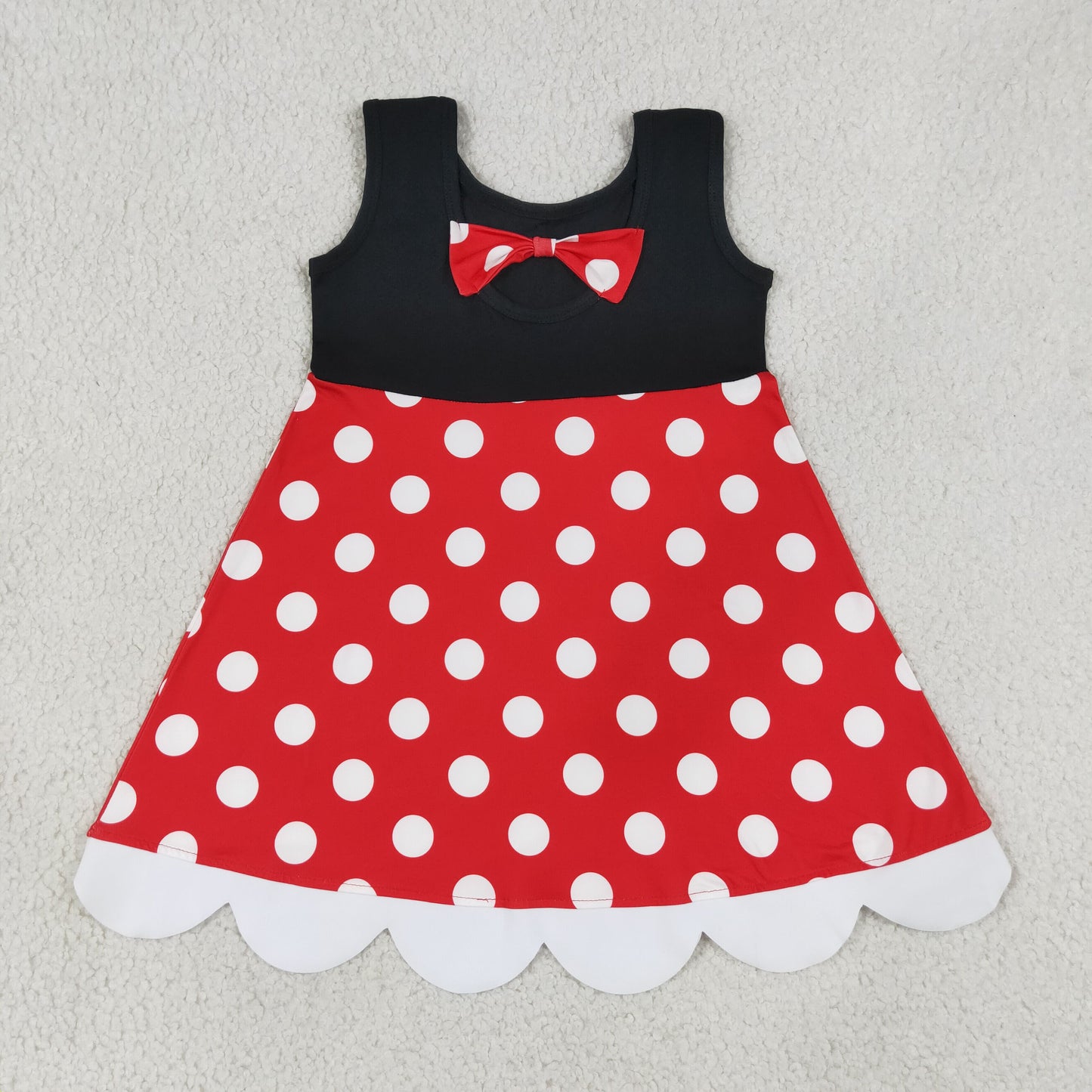 Cartoon Mouse Dots Print Girls Sleeveless Summer Knee Length Scalloped Dress