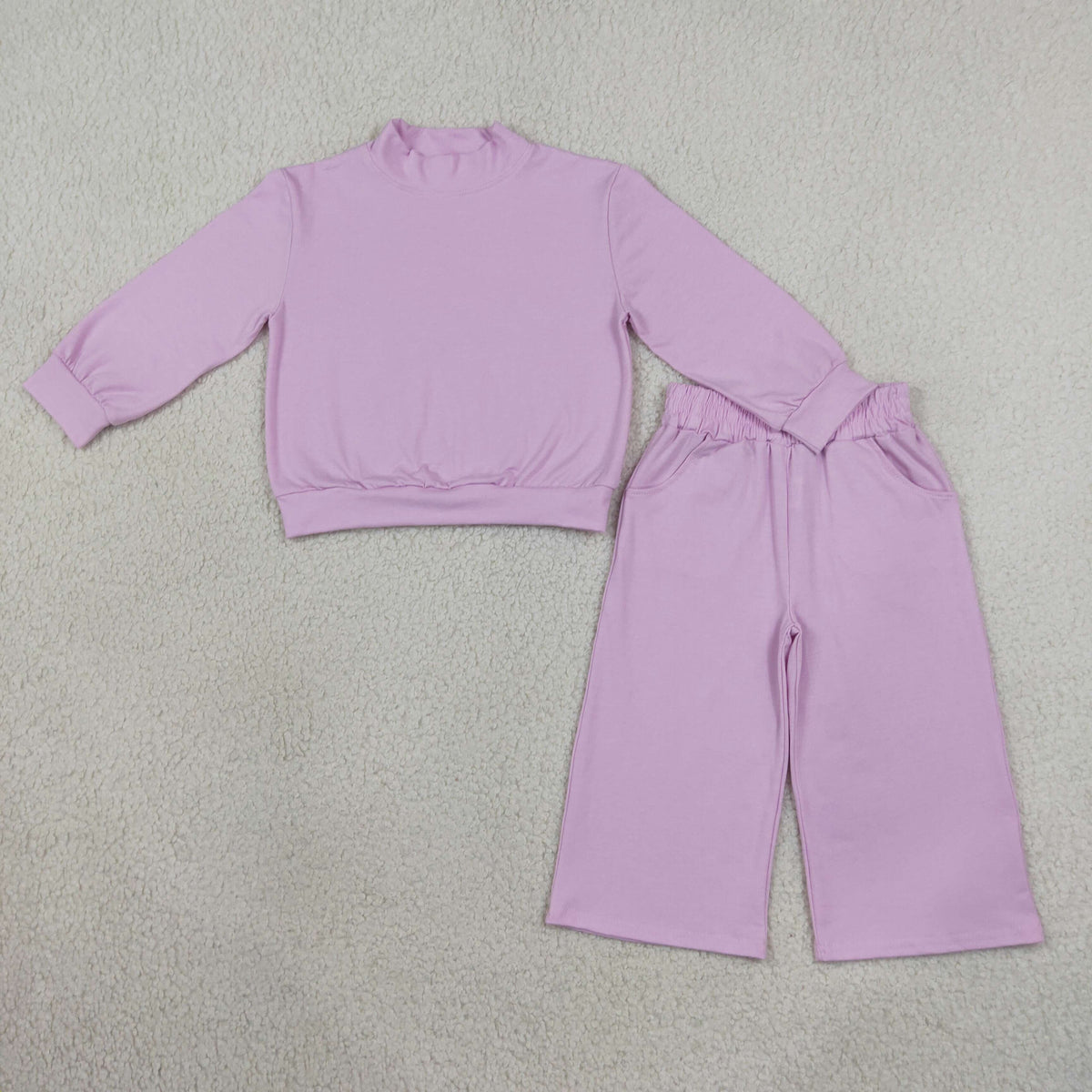 GLP3470 Purple Cotton Mock Neck Long Sleeve Top Pocket Pants Girls Fall Clothes Set