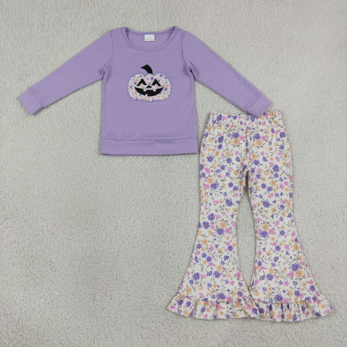 GLP3618 Pumpkin Embroidery Purple Top Floral Bell Pants Baby Girls Halloween Outfits