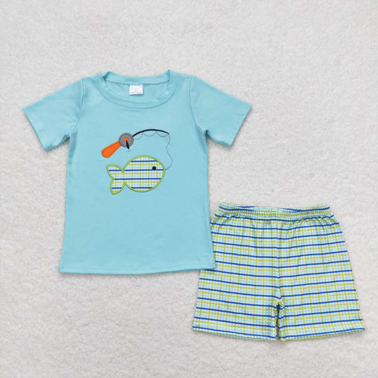 BSSO0798 Fishing Embroidery Blue Top Plaid Shorts Boys Summer Clothes Set