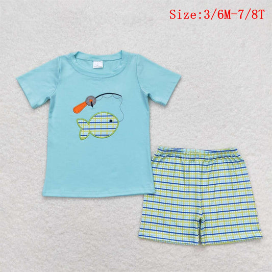 BSSO0798 Fishing Embroidery Blue Top Plaid Shorts Boys Summer Clothes Set
