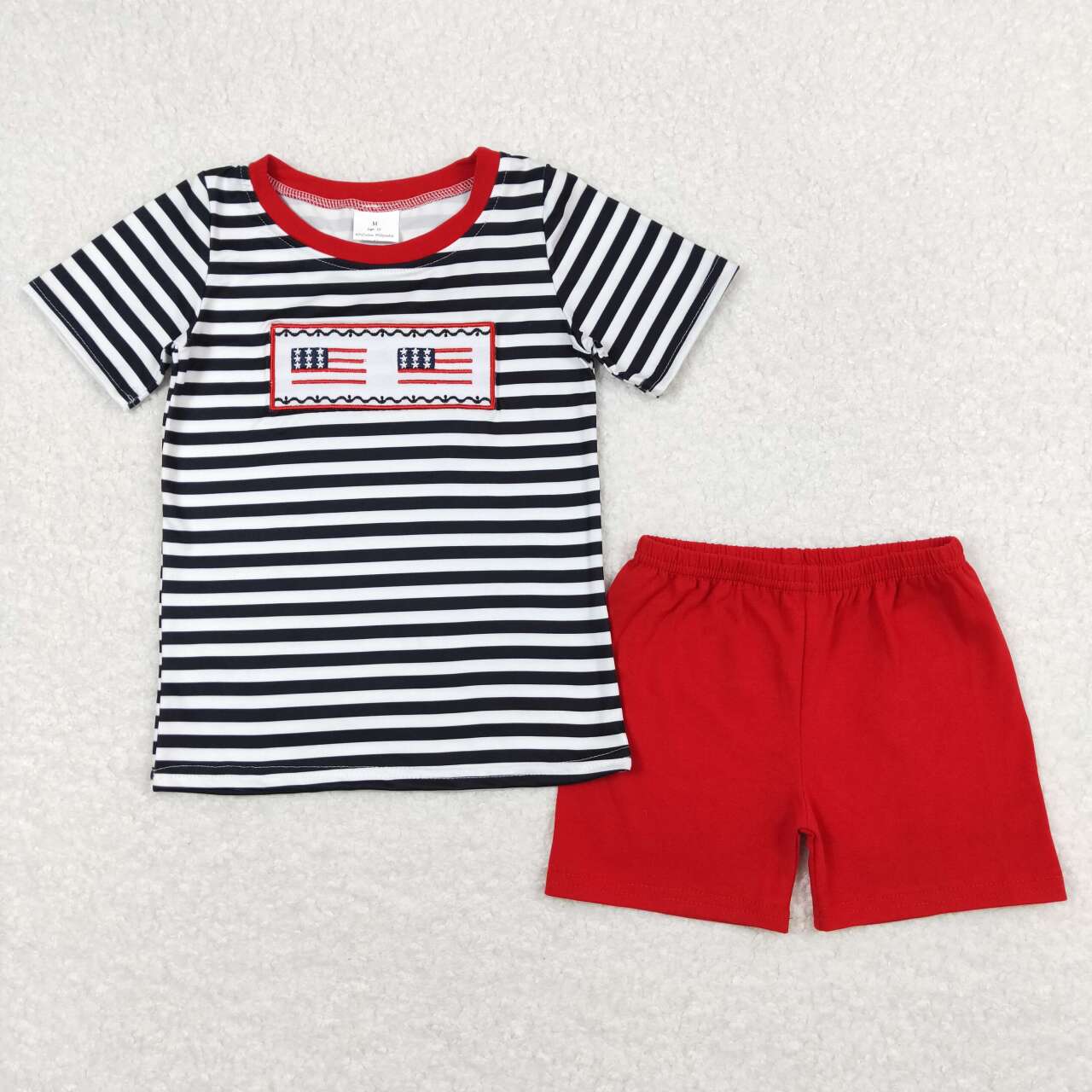 BSSO0565 Flag Embroidery Stripes Top Red Shorts Boys 4th of July Outfits