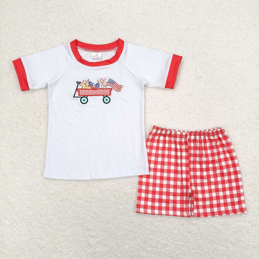 BSSO0618 Flag Tractor Embroidery White Top Red Plaid Shorts Boys 4th of July Outfits