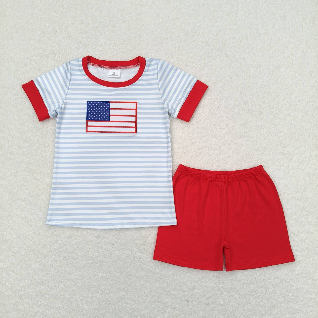 BSSO0684 Flag Embroidery Stripes Top Red Shorts Boys 4th of July Outfits