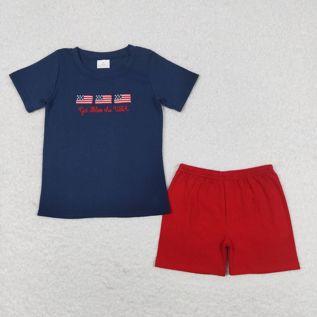 BSSO0713 Flag Embroidery Navy Top Red Shorts Boys 4th of July Clothes Set