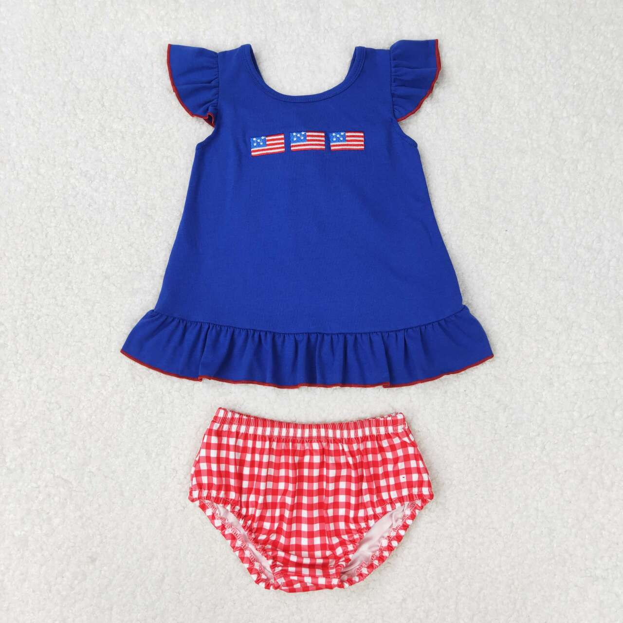 GBO0311 Flag Embroidery Blue Backless Bow Top Plaid Shorts Baby Girls 4th of July Bummie Set
