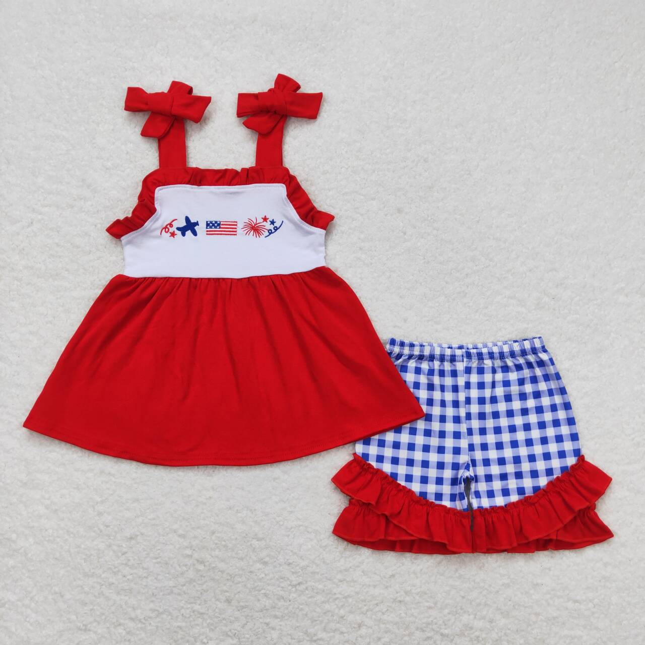 GSSO0611 Flag Embroidery Red Strap Tunic Top Plaid Shorts Girls 4th of July Outfits