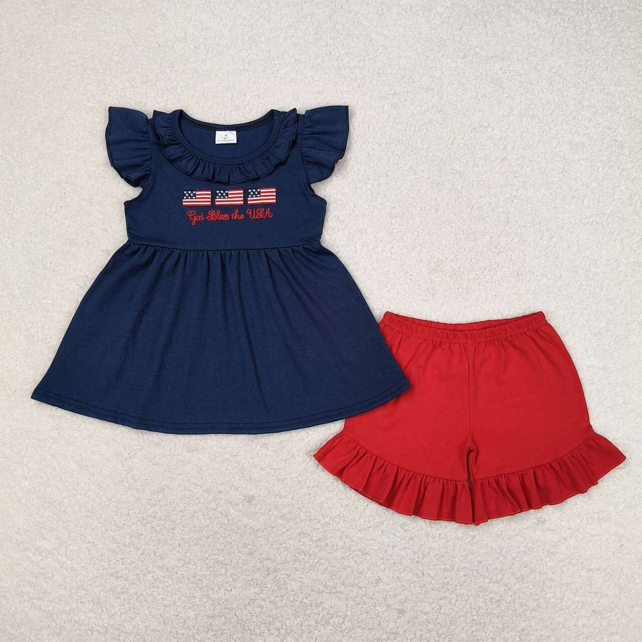 GSSO0805 Flag Embroidery Navy Tunic Top Red Shorts Girls 4th of July Clothes Set