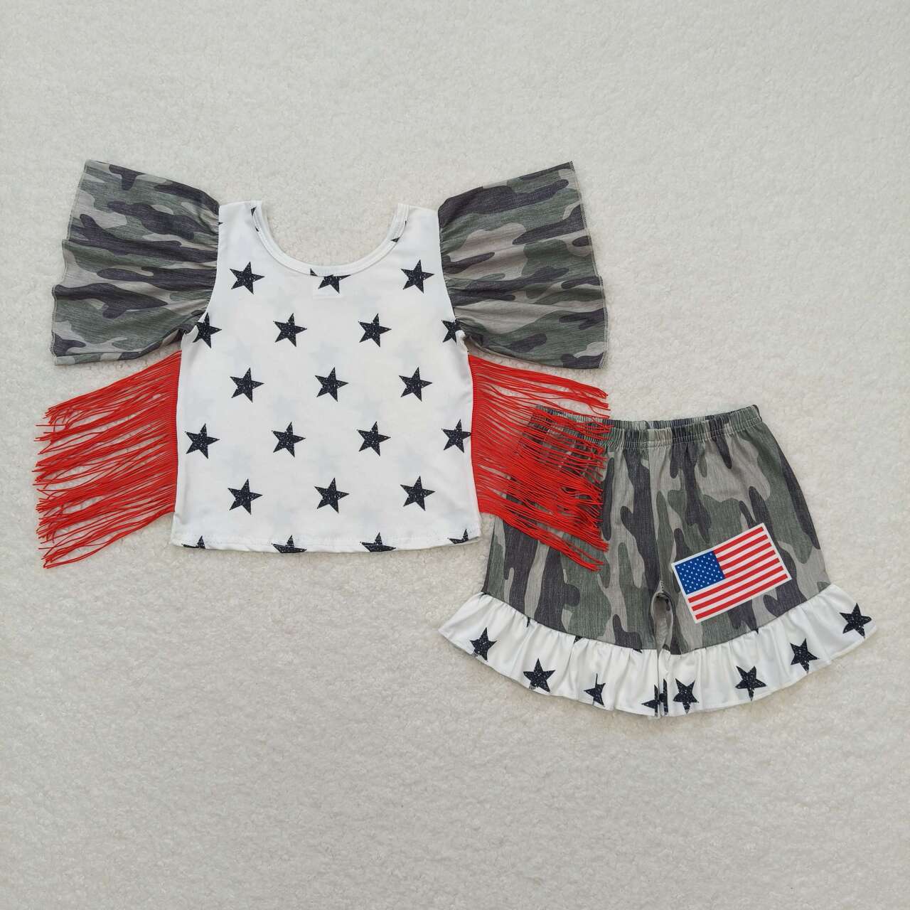 GSSO0918 Camo Stars Tassel Top Ruffle Shorts Baby Girls 4th of July Clothes Sets