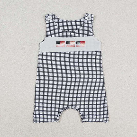 SR1001 Flag Embroidery Plaid Baby Boys 4th of July Sleeveless Romper