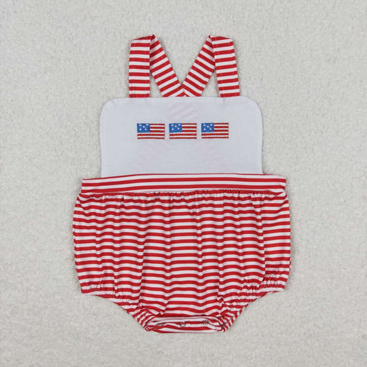 SR1212 Flag Embroidery Stripes Baby Boys 4th of July Strap Romper