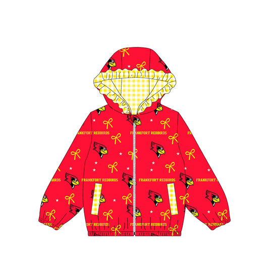 (Custom Design Preorder MOQ 5) Teams Frankfort Redbirds Bows Stars Print Girls Pockets Zipper Ruffle Hoodie Yoga Jacket Top