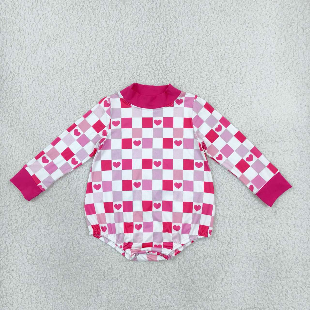 LR3337 Baby Girls Valentine's Day Hearts Checked Long Sleeve Romper