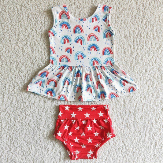 (Promotion)GBO0014 Rainbow Top Stars Shorts Baby Girls 4th of July Bummie Set