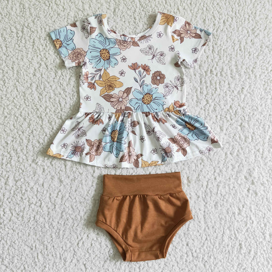 (Promotion)GBO0032 Flowers Top Brown Shorts Baby Girls Summer Bummie Set
