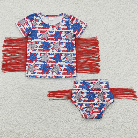 GBO0082 Star Stripe Fringe Girls 4th of July Bummie Set