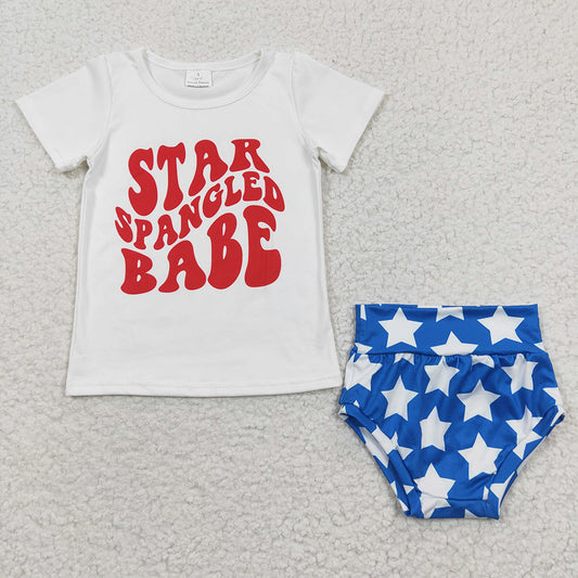 (Promotion)GBO0101 Star Spangled Babe Short Sleeve & Star Print Girls 4th of July Bummie Set