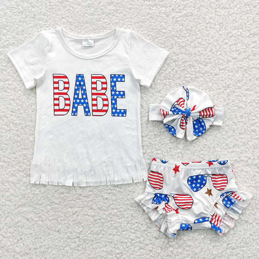 GBO0127 Babe Fringe Short Sleeve & Star-Spangled with Headband - Girls Bummie Set