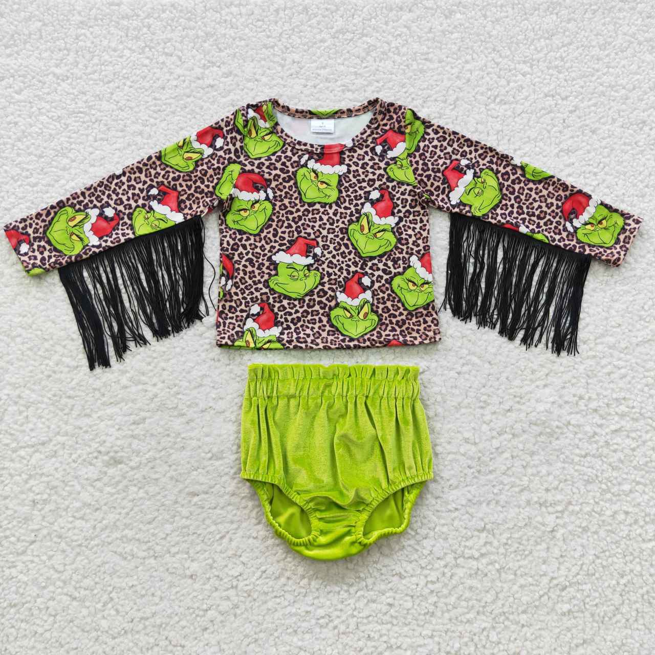GBO0154 Green Frog Leopard Tassel Top Velvet Shorts Baby Girls Christmas Bummie Set