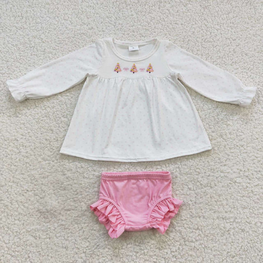 GBO0165 Tree Bows Embroidery Dots Tunic Top Pink Shorts Baby Girls Christmas Bummie Set