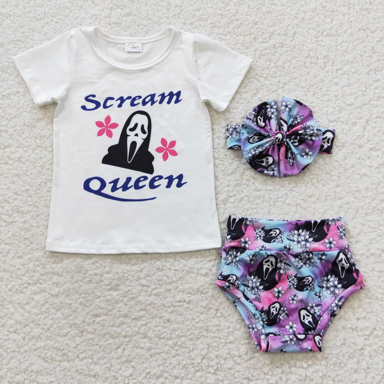 LR0170 SCREAM Flowers White Top Shorts Baby Girls Halloween Bummie Set