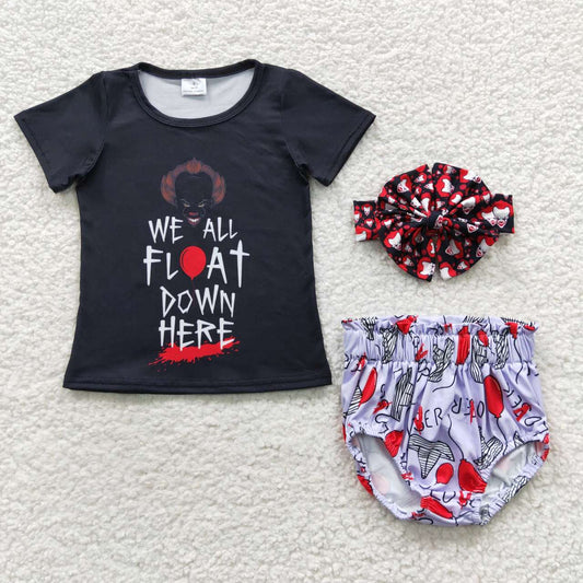 GBO0171 We All Float Down Top Shorts Baby Girls Halloween Bummie Set