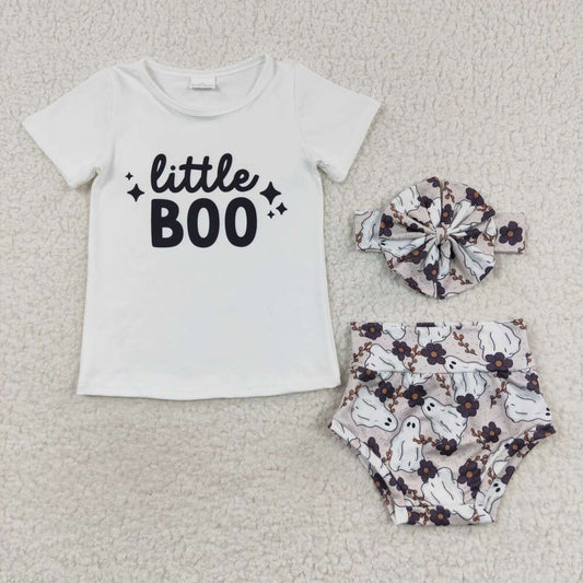 GBO0175 Little BOO White Top Ghost Flowers Shorts Baby Girls Halloween Bummie Set