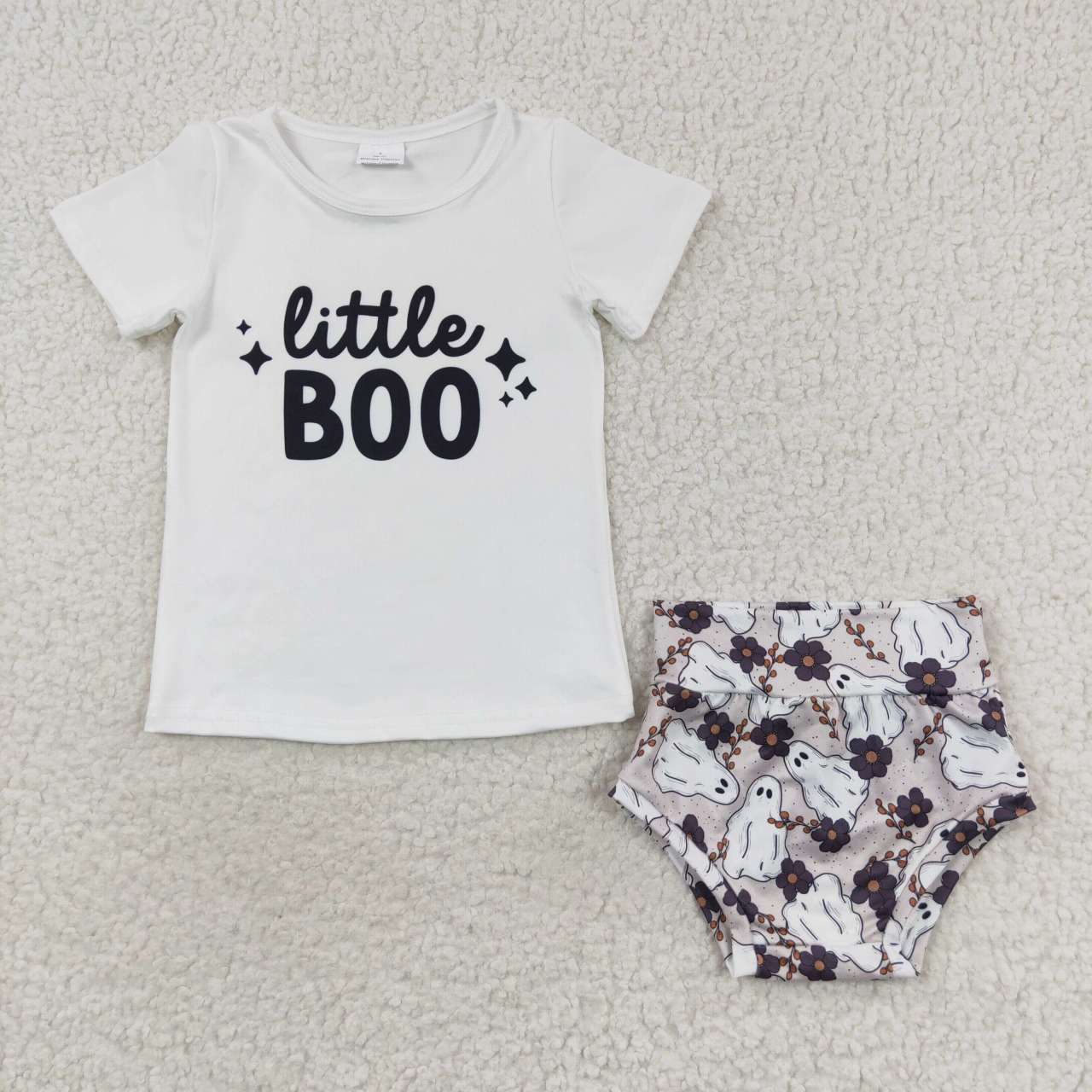 GBO0175 Little BOO White Top Ghost Flowers Shorts Baby Girls Halloween Bummie Set