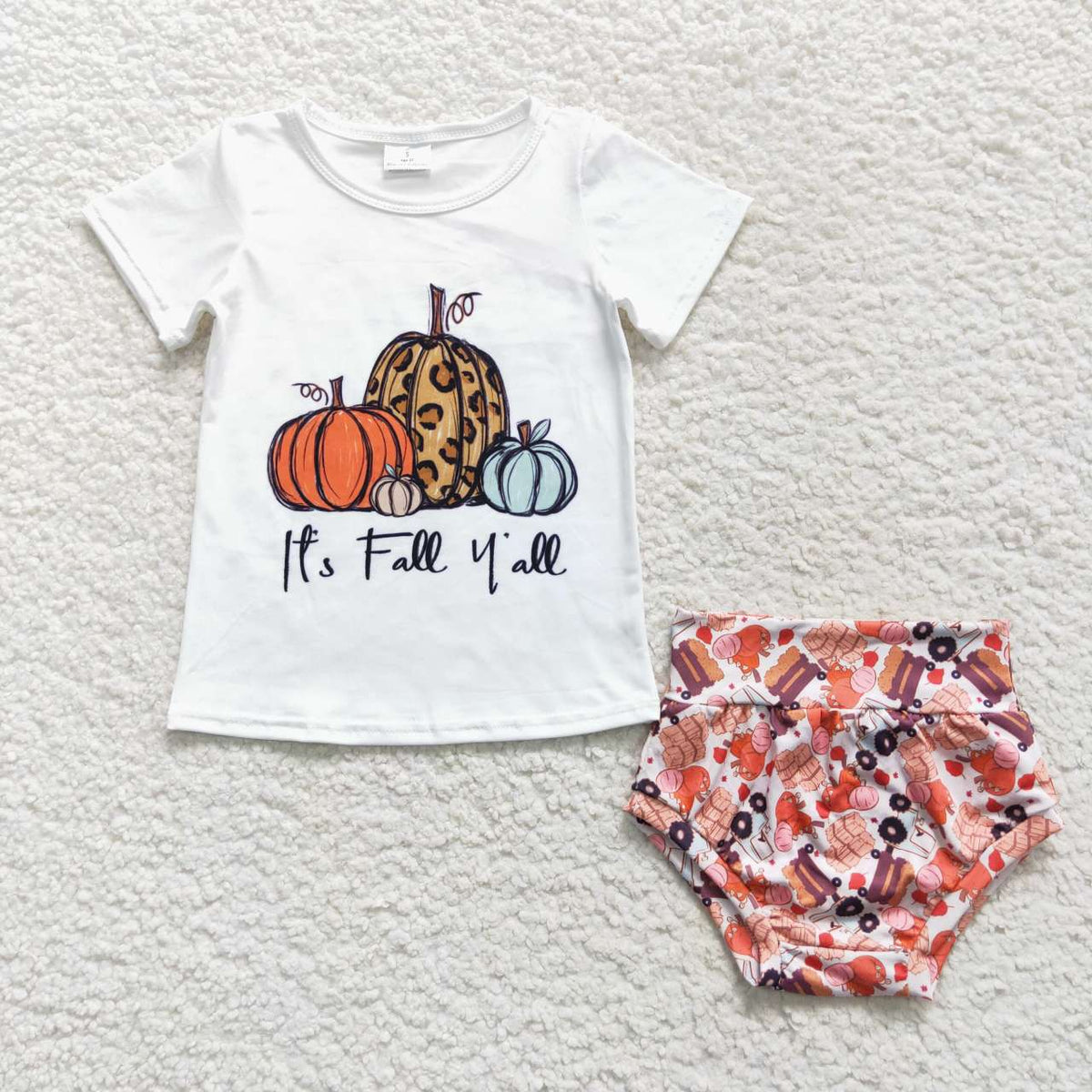 GBO0182 It's Fall Y'all Top Pumpkin Shorts Baby Girls Fall Bummie Set