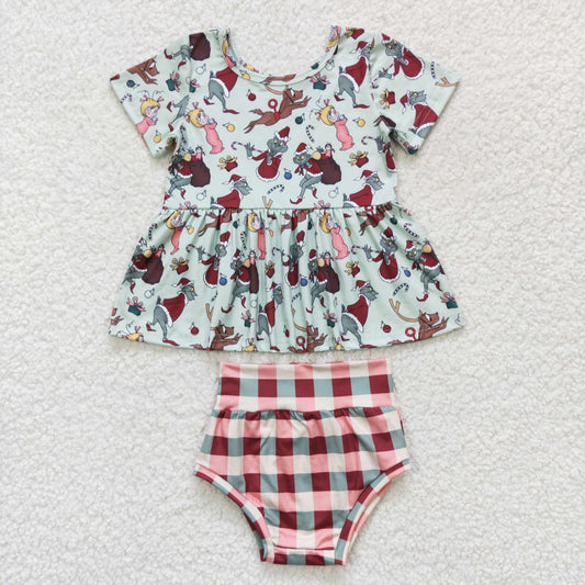 GBO0187 Green Frog Candy Cane Top Checkered Shorts Baby Girls Christmas Bummie Set