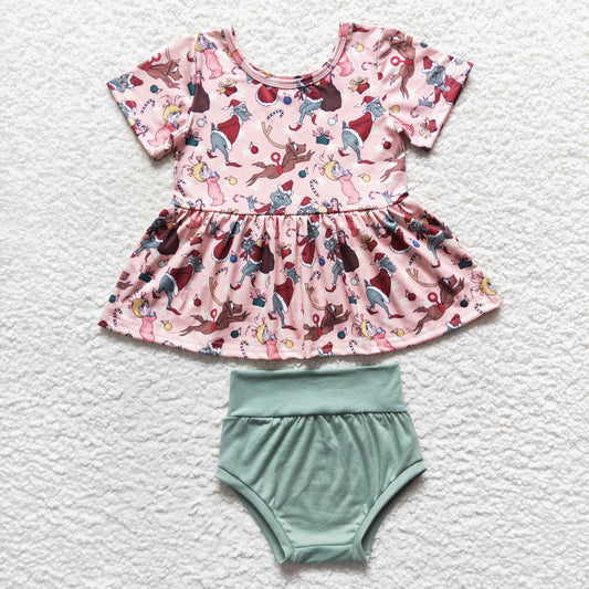 GBO0188 Green Frog Candy Cane Top Green Shorts Baby Girls Christmas Bummie Set