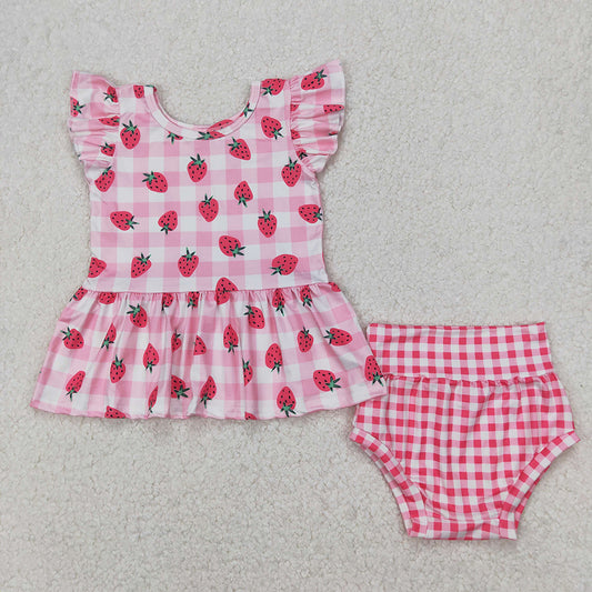 GBO0264 Strawberry Plaid Pink Print Baby Girls Summer Bummie Set