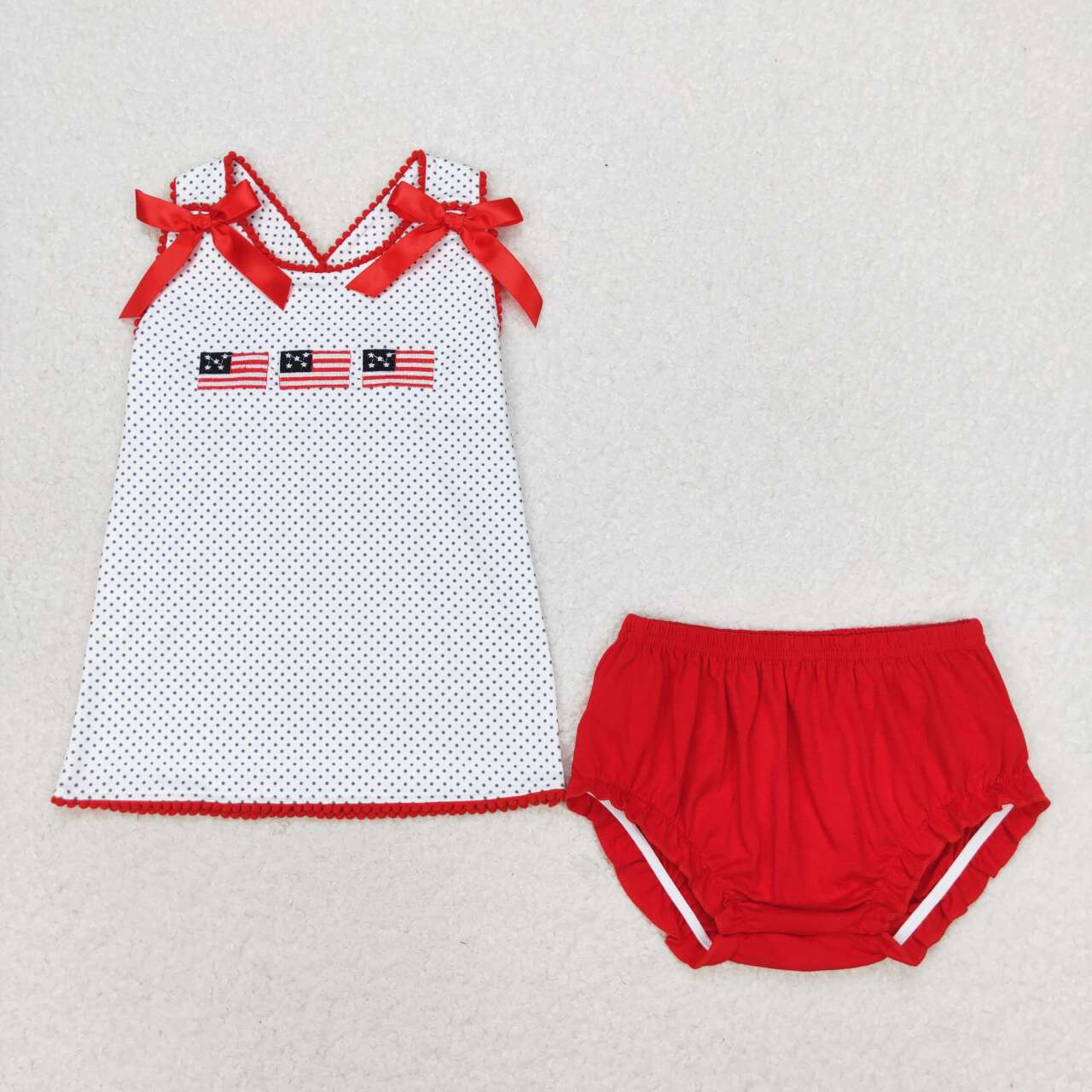 GBO0396 Flag Embroidery Dots Top Red Shorts Baby Girls 4th of July Bummie Set