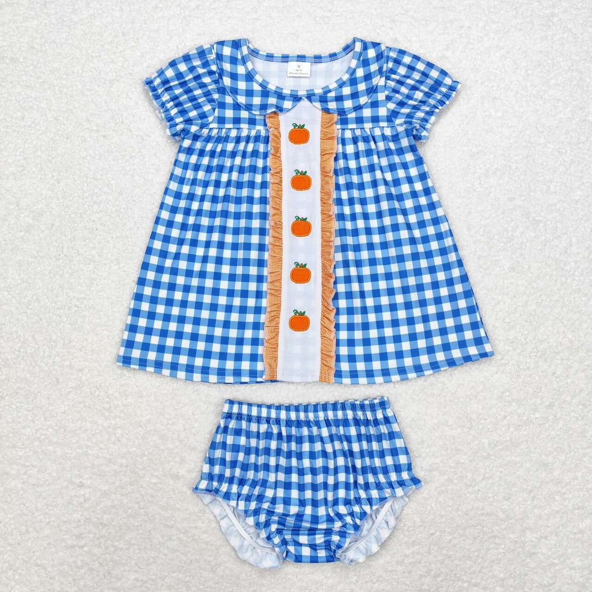 GBO0431 Pumpkin Embroidery Blue Checkered Tunic Top Shorts Baby Girls Fall Bummie Set